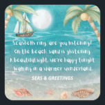Sticker Carré Warmer Wonderland Tropical Beach Christmas<br><div class="desc">Des autocollants de Noël tropicaux et fantaisistes (ou phoques d'enveloppe) sont munis d'une plage claire de la lune avec des coquillages et du sable scintillant, des palmiers et un navire naviguant dans la mer turquoise. Les paroles sont à l'air de "Winter Wonderland" mais avec une touche tropicale qui dit :...</div>