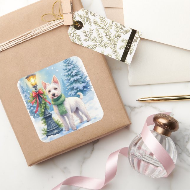 Sticker Carré Watercolor Bedlington Terrier Lamppost Christmas (Cadeaux)