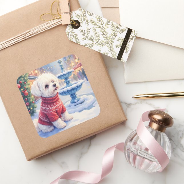 Sticker Carré Watercolor Bichon Frise Festive Fountain Christmas (Cadeaux)