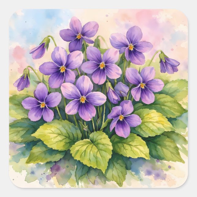 Sticker Carré Watercolor Blooming Purple Violets  (Devant)
