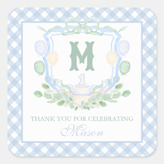 Sticker Carré Watercolor Blue 1st Birthday Monogram Crest Gift (Devant)