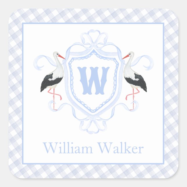 Sticker Carré Watercolor Blue Stork Gingham Monogram Crest (Devant)