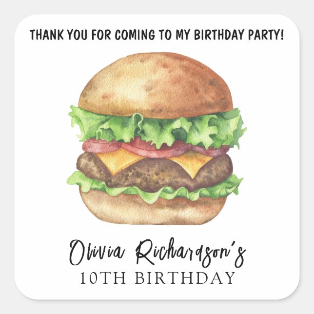Sticker Carré Watercolor Burger Party Anniversaire Merci (Devant)