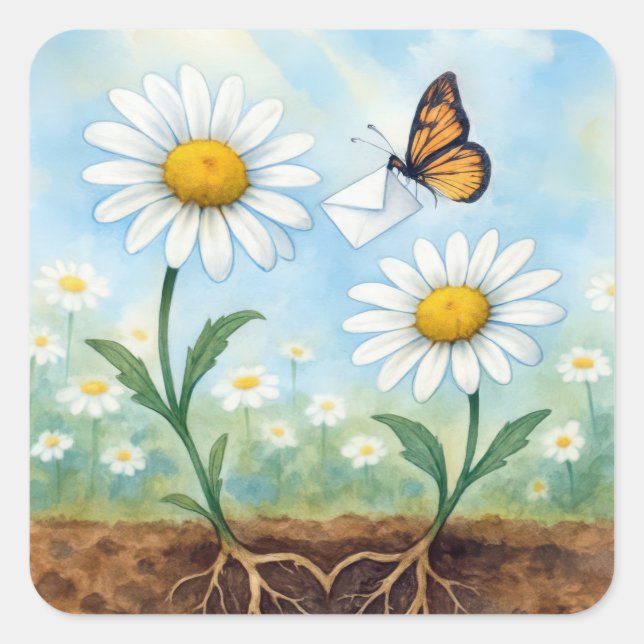 Sticker Carré Watercolor Butterfly Delivering Mail to a Daisy (Devant)
