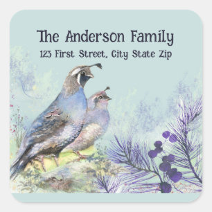 Sticker Carré Watercolor California Quail Wildlife Bird Nature