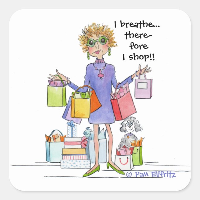 Sticker Carré Watercolor Cartoon Woman will Breathe and Shop (Devant)