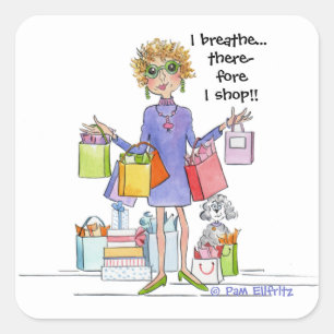 Sticker Carré Watercolor Cartoon Woman will Breathe and Shop
