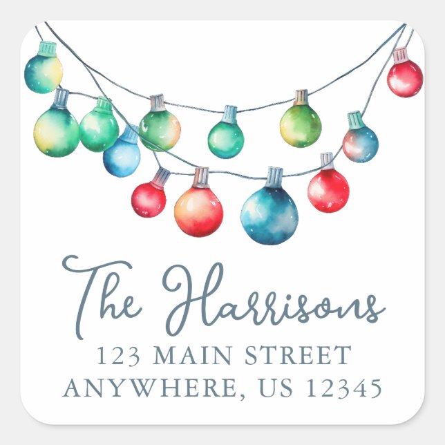 Sticker Carré Watercolor Christmas String Lights Adresse de reto (Devant)