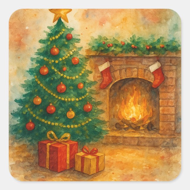 Sticker Carré Watercolor Christmas Tree & Cozy Fireplace Holiday (Devant)