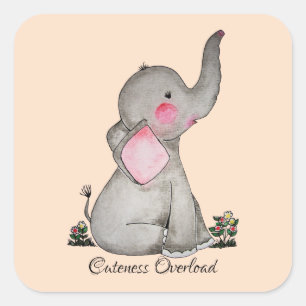 Sticker Carré Watercolor Cute Baby Elephant With Blush & Flowers