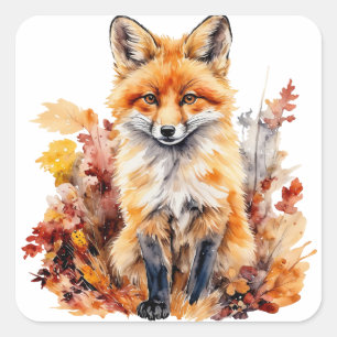 Sticker Carré Watercolor Cute Baby Fox et Feuille coloré