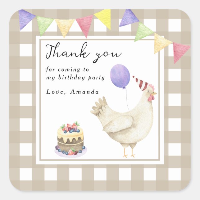 Sticker Carré Watercolor Cute Chick 1er anniversaire merci (Devant)