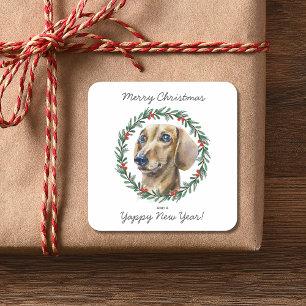 Sticker Carré Watercolor Dachshund Chien Joyeux Noël Wreath