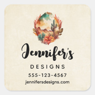 Sticker Carré Watercolor Desert Cactus and Mounts Business