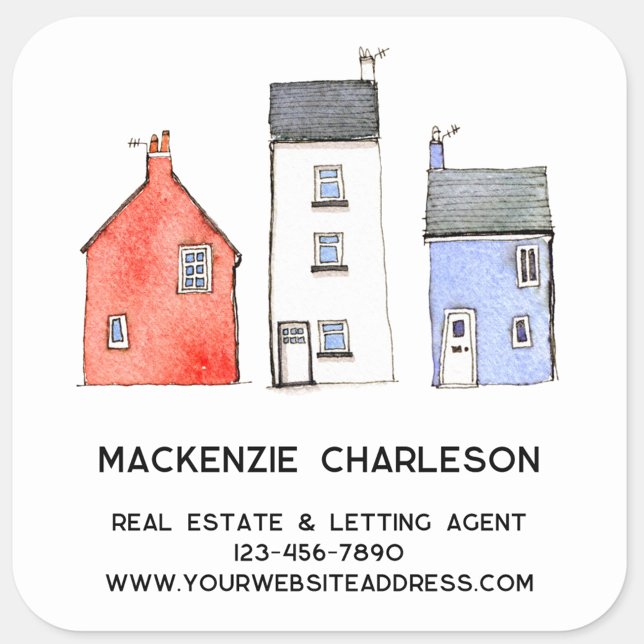 Sticker Carré Watercolor House Home Agent de location immobilièr (Watercolor house art custom text real estate letting agent building services business sticker)