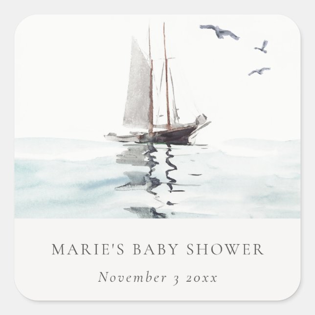 Sticker Carré Watercolor Nautical Voile Baby shower (Devant)
