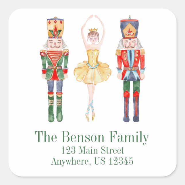 Sticker Carré Watercolor Nutcracker Ballet Adresse de retour (Devant)