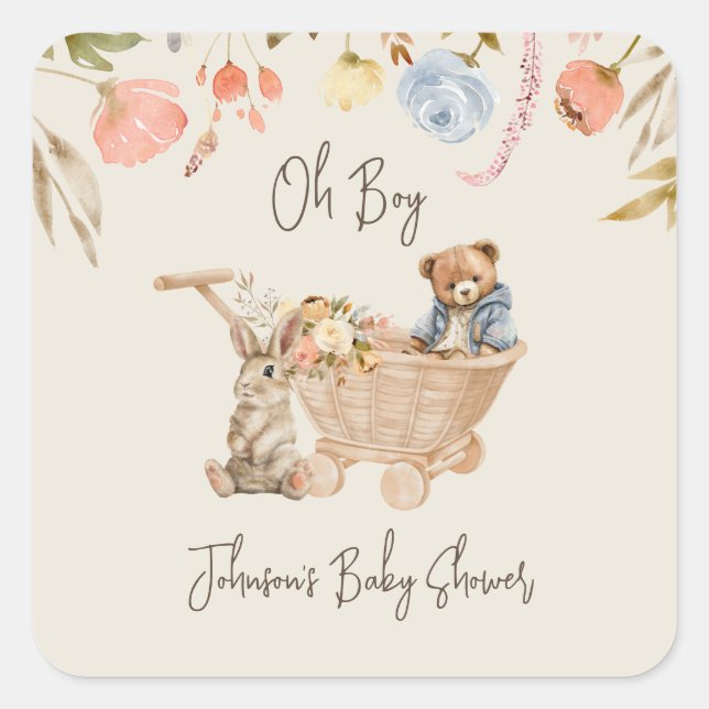 Sticker Carré Watercolor Oh Boy Boho Nursery Baby shower (Devant)