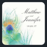 Sticker Carré Watercolor Peacock Feather Wedding<br><div class="desc">De grands autocollants à utiliser pour vos sacs à bonbons ou vos ballotins. Belles aquarelles utilisées dans cette oeuvre Peacock Feather. Customisez votre libellé sur l'autocollant. Si vous avez quelque chose que vous vouliez changer sur la conception juste email paula@labellarue.com</div>