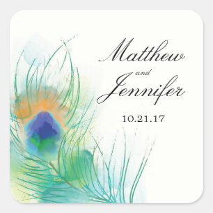 Sticker Carré Watercolor Peacock Feather Wedding