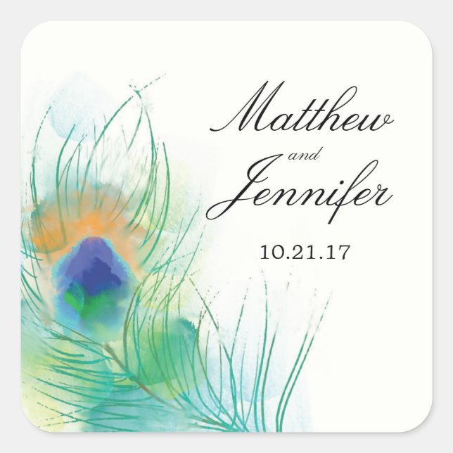 Sticker Carré Watercolor Peacock Feather Wedding (Devant)