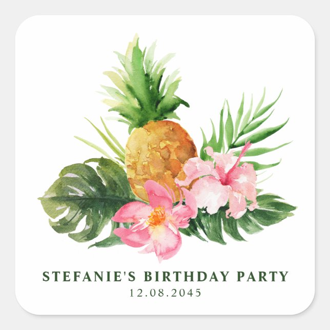 Sticker Carré Watercolor Pineapple Summer Birthday Party (Devant)