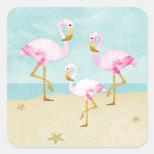 Sticker Carré Watercolor Pink Flamingos on the Beach