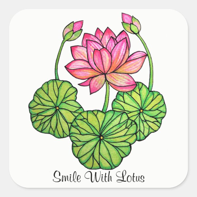 Sticker Carré Watercolor Pink Lotus with Buds & Leaves (Devant)