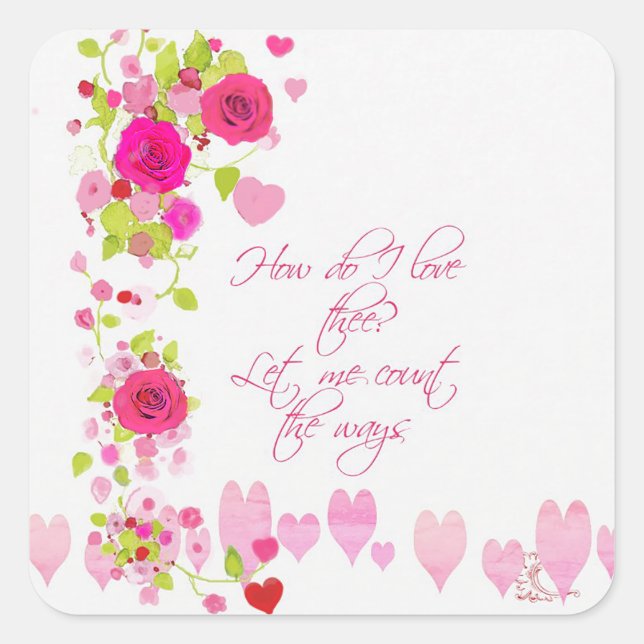 Sticker Carré Watercolor Pink Roses Hearts Romantic Lovers  (Devant)