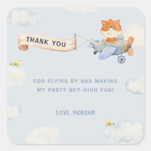 Sticker Carré Watercolor Plane Cute Fox fête d'anniversaire
