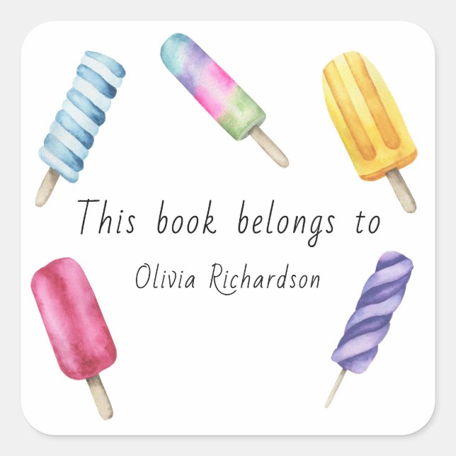 Sticker Carré Watercolor Popsicle Ce livre appartient à (Devant)