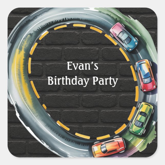 Sticker Carré Watercolor Race Track Boys Birthday Party (Devant)