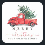 Sticker Carré Watercolor Red Truck & Christmas Tree Favoriser<br><div class="desc">Cet autocollant d'inspiration vintage présente une magnifique aquarelle illustrant un camion rouge transportant un pin. Les champs de texte sont entièrement modifiables, à l'exception du mot "Noël". Il vous suffit de supprimer ce mot en cliquant sur le bouton Supprimer et d'ajouter votre propre texte si vous avez besoin d'un autre...</div>