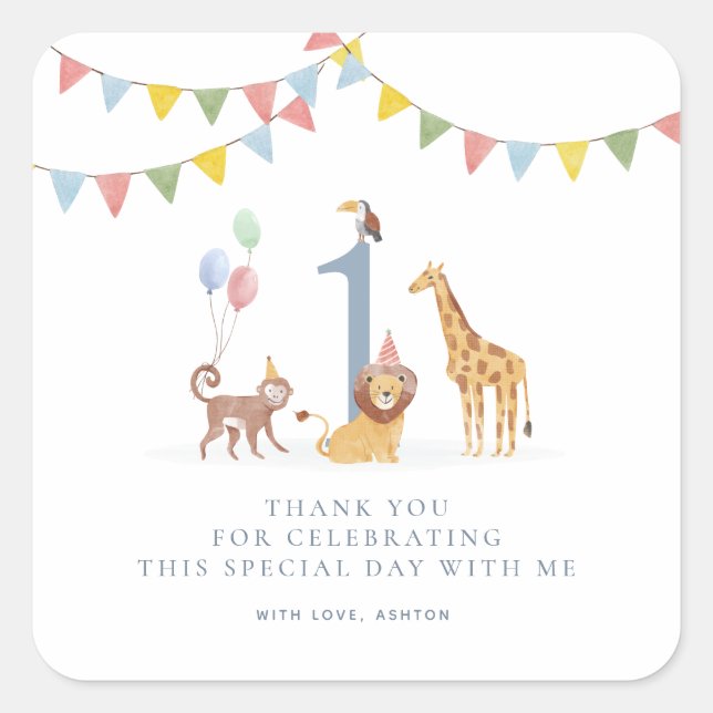 Sticker Carré Watercolor Safari Animals Birthday Thank You Stick (Devant)