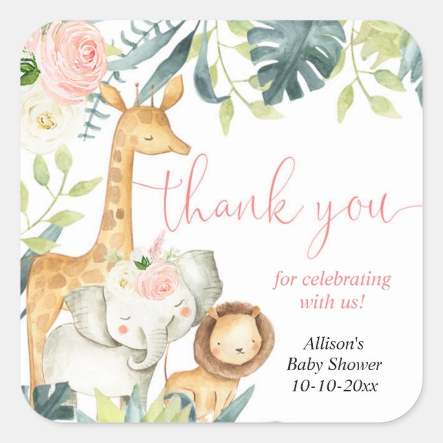 Sticker Carré Watercolor safari jungle animaux fille baby shower (Devant)