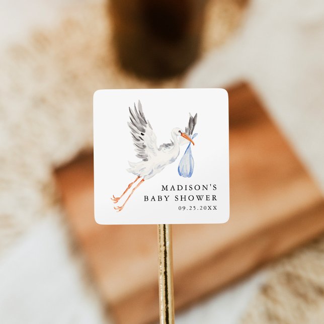 Sticker Carré Watercolor Stork Blue Boy Baby Shower (Créateur téléchargé)