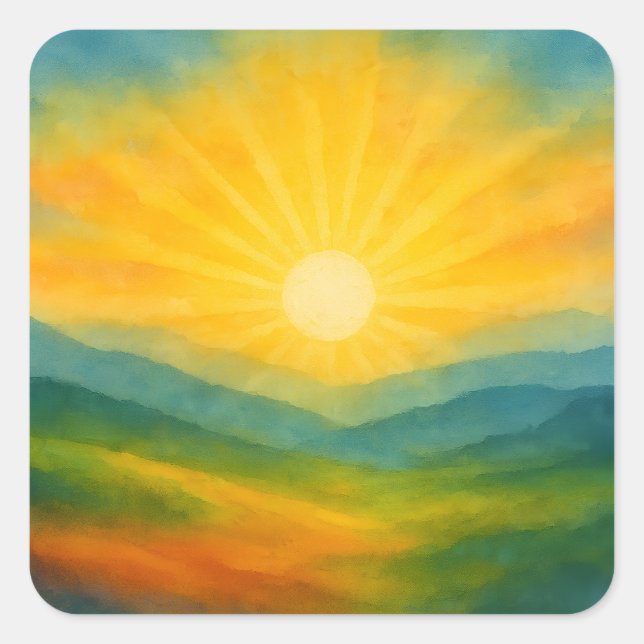 Sticker Carré Watercolor Sunrise Landscape Painting (Devant)