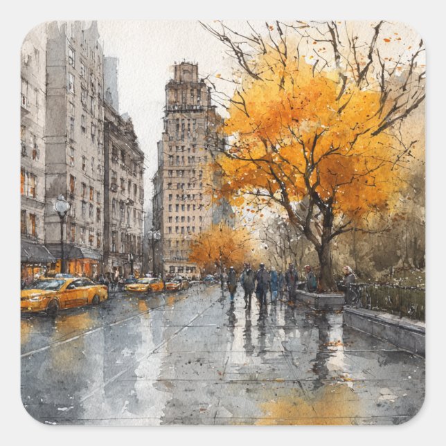 Sticker Carré Watercolour Autumn in New York (Devant)