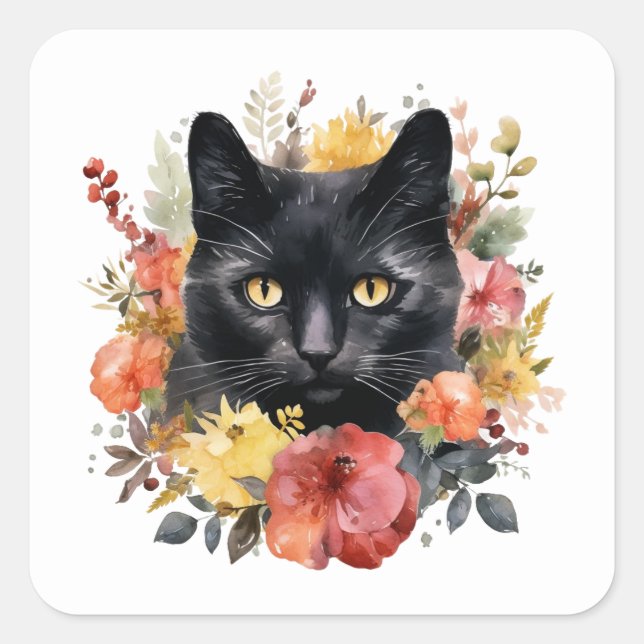 Sticker Carré Watercolour Black Cat (Devant)