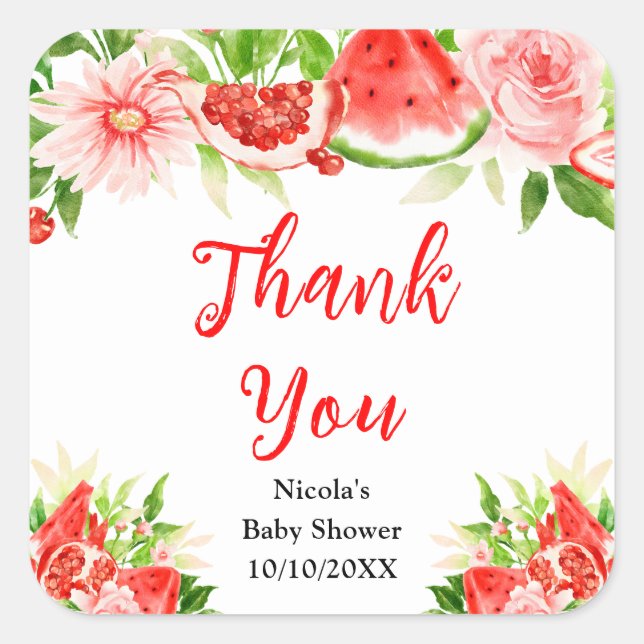 Sticker Carré Watermelon Pomegranate Baby Shower Thank You (Devant)