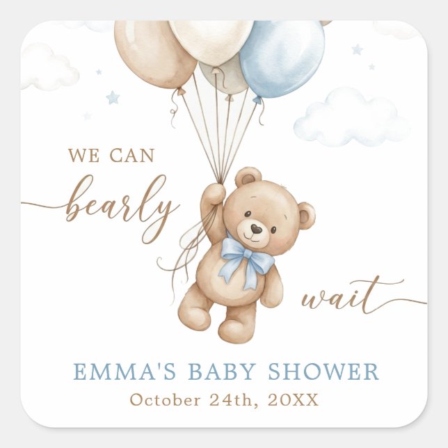 Sticker Carré We Can Bearly Wait Boy Baby Shower Custom (Devant)