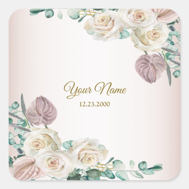 Sticker Carré Wedding Pink Rose Watercolor Golden Dusty Party (Devant)