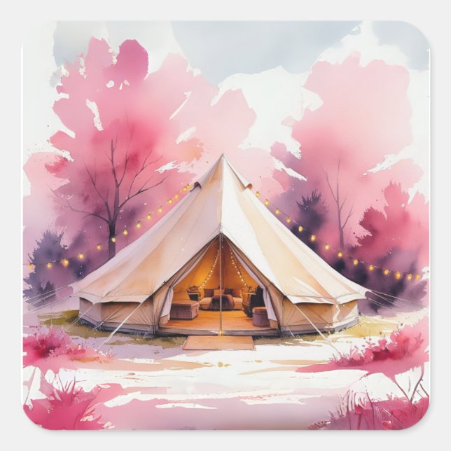Sticker Carré Week-end de célibataire Glamping Aquarelle  (Devant)