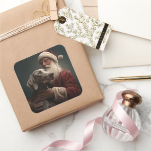 Sticker Carré Weimaraner avec le Père Noël Festif de Noël
