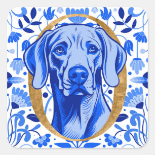 Sticker Carré Weimaraner regardant à travers la lettre "O" en or