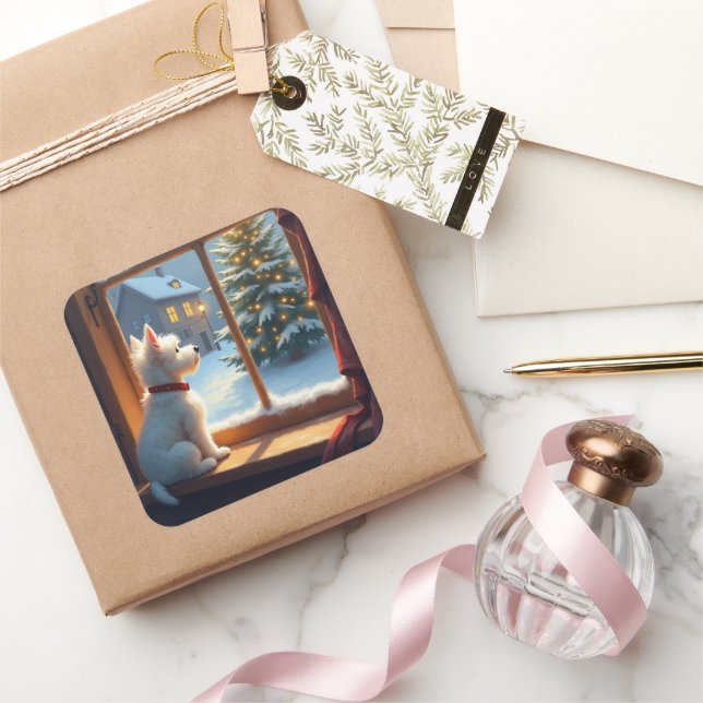 Sticker Carré West Highland White Terrier Christmas Morning View (Cadeaux)