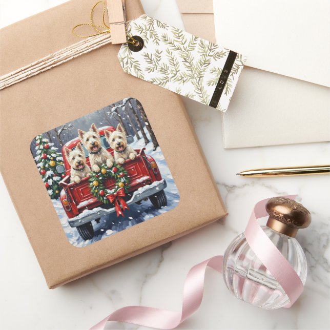 Sticker Carré West Highland White Terrier Christmas Red Truck (Cadeaux)
