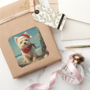 Sticker Carré West Highland White Terrier Dog Christmas Beach