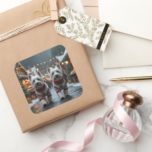 Sticker Carré West Highland White Terrier Dogs Christmas Snow  (Cadeaux)