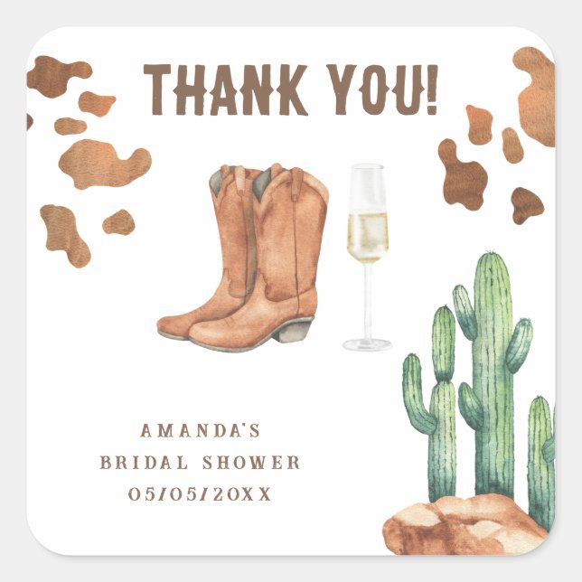 Sticker Carré Western Boots & Bubbly Fête de douche de mariage  (Devant)